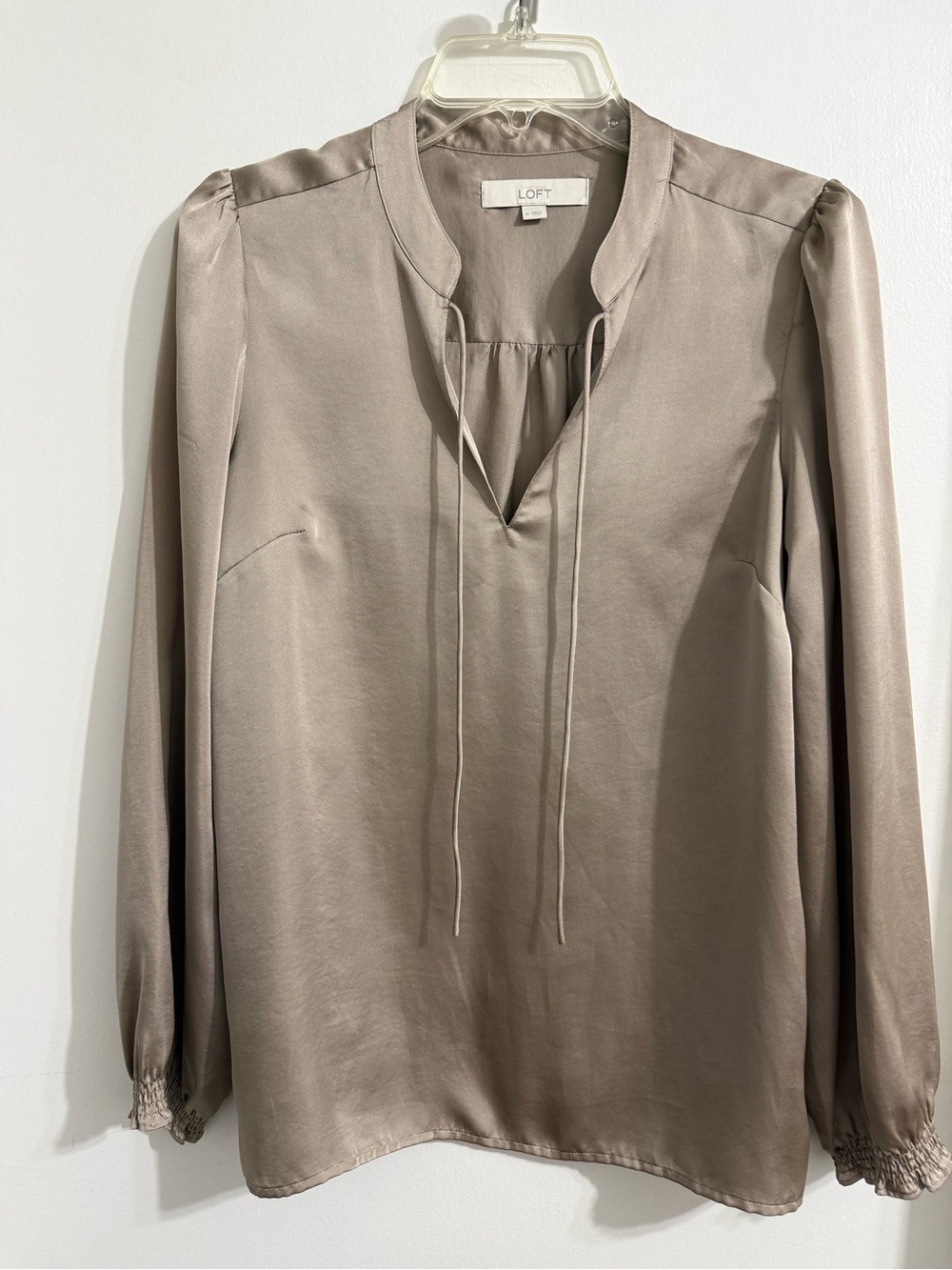 LOFT Taupe Satin Tie-Neck Blouse with Smocked Cuffs